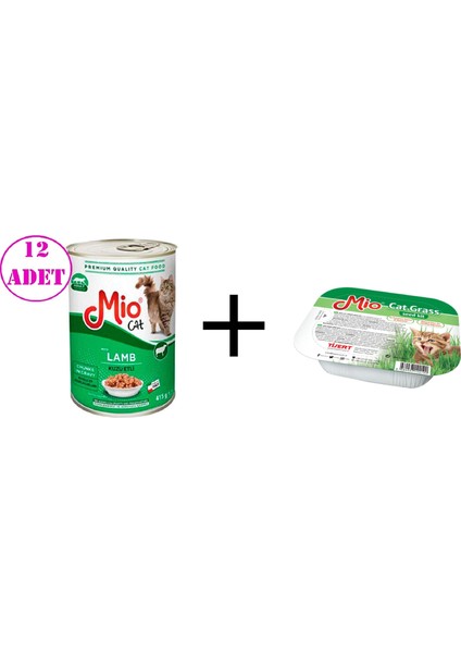 Kedi Konserve Kuzu Etli Yaş Mama 12 Adet 415 gr + Kedi Çimi