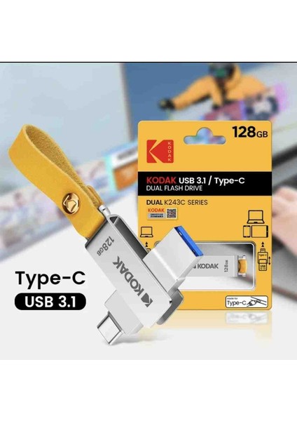 K243C 128Gb.Type-C ve Usb 3.1 Flash Bellek Type-C girişli Tüm telefonlara Ve İphone 15 Serisi Uygun Otg Çift Giriş Metal Sağlam Orjinal