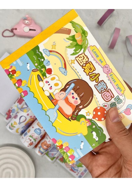 Kawaii 50 Yaprak Sevi ml i Kız ve Arkadaşları Sarı Defter Sticker Çıkartma Bullet Journal ScrapBook
