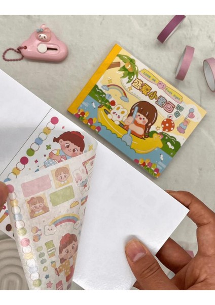 Kawaii 50 Yaprak Sevi ml i Kız ve Arkadaşları Sarı Defter Sticker Çıkartma Bullet Journal ScrapBook