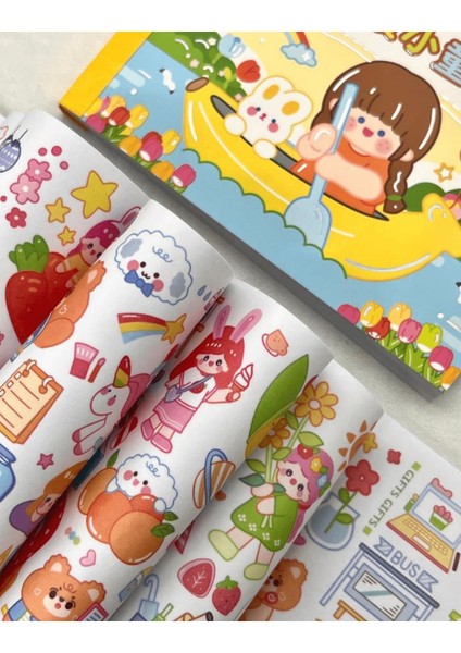Kawaii 50 Yaprak Sevi ml i Kız ve Arkadaşları Sarı Defter Sticker Çıkartma Bullet Journal ScrapBook