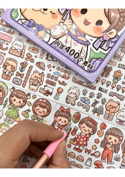 Kağıt Gemi Dükkan Sevi ml i Kız ve Ayı Mor Kutu Sticker Çıkartma Defter Süsleme Bullet Journal ScrapBook