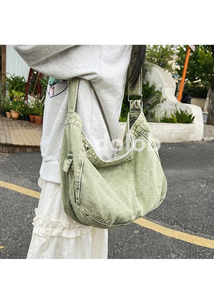 Kadın Yıkanmış Kanvas Japon Denim Crossbody Büyük Kapasiteli Tarzı Edebi Retro Kadın Omuz Çantası (Yurt Dışından)
