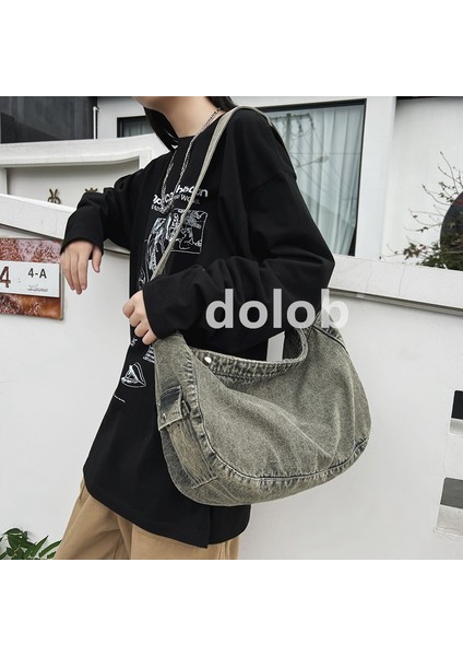 Kadın Yıkanmış Kanvas Japon Denim Crossbody Büyük Kapasiteli Tarzı Edebi Retro Kadın Omuz Çantası (Yurt Dışından)