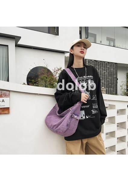 Kadın Yıkanmış Kanvas Japon Denim Crossbody Büyük Kapasiteli Tarzı Edebi Retro Kadın Omuz Çantası (Yurt Dışından)