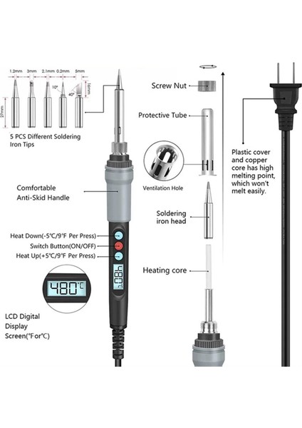 Dijital Ekran Elektrikli Havya Seti Abs 90W Dahili Sıcaklık Kontrolü LCD Dijital Ekran Abd Tak (Yurt Dışından)