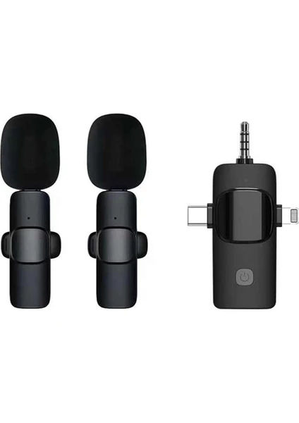 K9-C2 Wireless 3ın1 (Kablosuz Mikrofon) Type-C - Lightning -3,5mm Jak Çiftli Yaka Mikrofonu