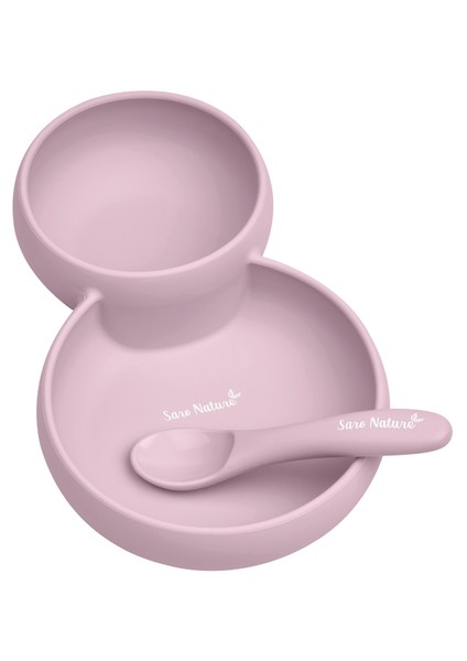 Silikon Ikiz Tabak, Kase ve Kaşık Seti Pembe