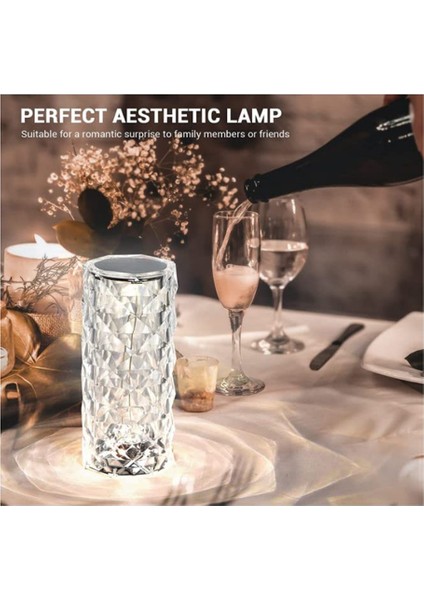 Kristal Masa Lambası Gül Işık Projektör 3 Renk Ayarlanabilir Romantik Elmas Atmosfer Işığı USB Dokunmatik Gece Lambası (Yurt Dışından)