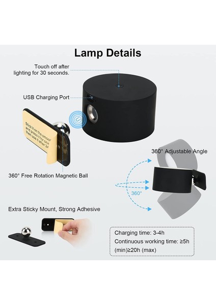 LED Duvar Aplik, Duvara Montaj Rgb Lamba USB Şarj Edilebilir 360 ° Döndürülebilir Manyetik Top, Başucu Beyaz Için Akülü Duvar Işığı (Yurt Dışından)