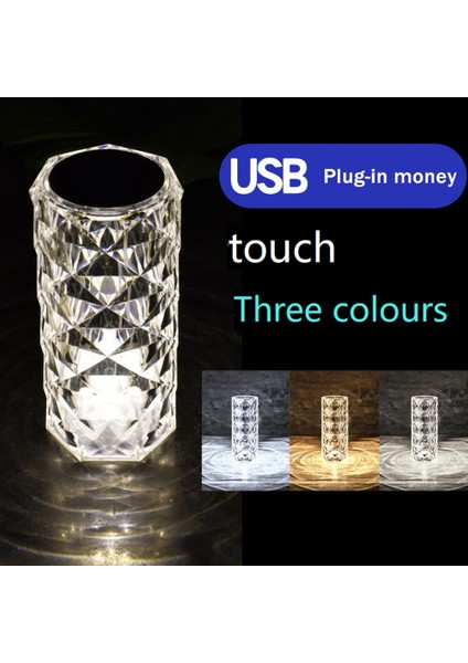 3 Renk LED Kristal Masa Lambası Gül Işık Projeksiyon Lambası LED Atmosfer Yatak Odası Başucu USB Dokunmatik Gece Lambası (Yurt Dışından)
