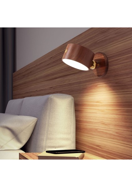 Şarj Edilebilir LED Duvar Aplik Duvara Monte Başucu Lambası USB Bağlantı Noktası ile 360 Döndür Manyetik Top Akülü Işık Sapelli Ahşap (Yurt Dışından)