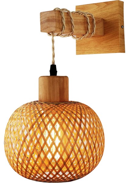 Retro Duvar Lambası Dokuma Rattan Ahşap Aplikler Oturma Odası Başucu Lambası Eski Yatak Odası Dekorasyon Aydınlatma-A (Yurt Dışından)