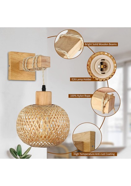 Retro Duvar Lambası Dokuma Rattan Ahşap Aplikler Oturma Odası Başucu Lambası Eski Yatak Odası Dekorasyon Aydınlatma-A (Yurt Dışından)