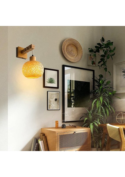 Retro Duvar Lambası Dokuma Rattan Ahşap Aplikler Oturma Odası Başucu Lambası Eski Yatak Odası Dekorasyon Aydınlatma-A (Yurt Dışından)