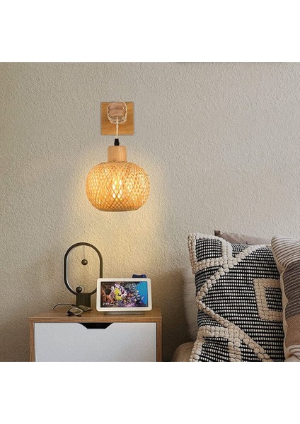 Retro Duvar Lambası Dokuma Rattan Ahşap Aplikler Oturma Odası Başucu Lambası Eski Yatak Odası Dekorasyon Aydınlatma-A (Yurt Dışından)