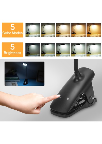 Okuma Lambası Yatak Kelepçesi Işığı, 36 LED Kelepçe Lambası, 5 Renk Sıcaklığı ile USB Şarj Edilebilir Kitap Lambası, Dokunmatik Kontrol (Yurt Dışından)