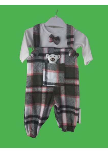 Unisex Welsoft Ekose Desen Kahverengi Baskılı Salopet Slopet Bebek Tulumu