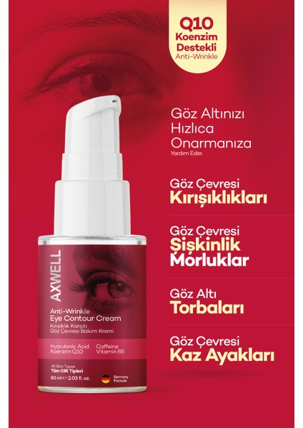 Koenzim Q10, Hyarulonic Acid, Caffeine Destekli Kırısıklık Karşıtı Nemlendirici Göz Çevresi Kremi