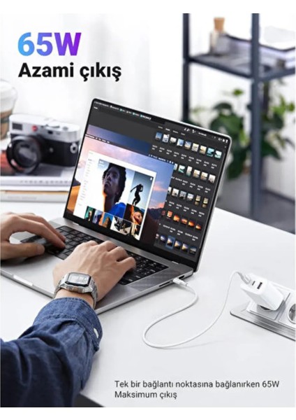 65W Macbook iPad ve Laptop Uyumlu Gan 2 Type-C 1 USB Çıkışlı Şarj Adaptörü