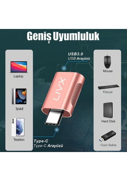 USB 3.0 To Type-C Çevirici Dönüştürücü Otg Adaptör Rose Gold Otgrg 2 Adet