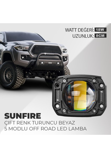 Sunfire 18w Uyumlu Çift Renk Gömme Montaj Sarı Beyaz 8CM 5 Modlu Off Road Led Lamba 2 Adet