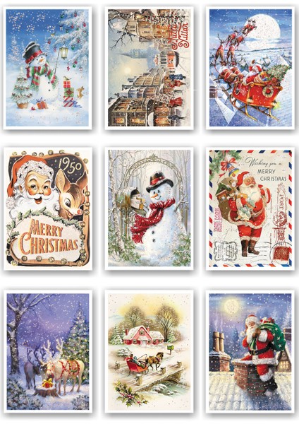 Mia Pera 9lu Simli Yılbaşı Kartpostal Seti  Yeniyıl Postcard Christmas Noel Kardan Adam Noel Baba Nostalji