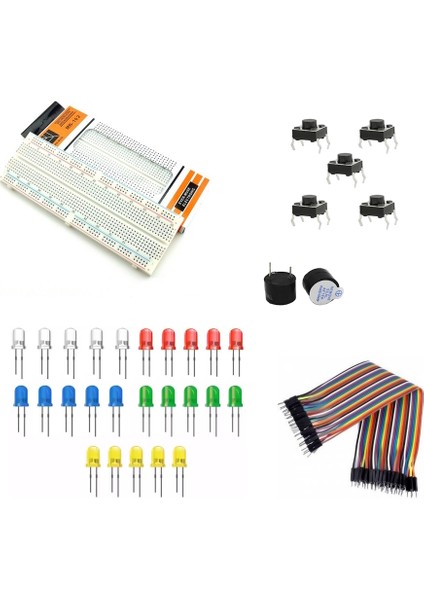 Set 5'li; Breadboard 25 Adet LED Erkek Erkek Jumper 5 Buton Buzzer