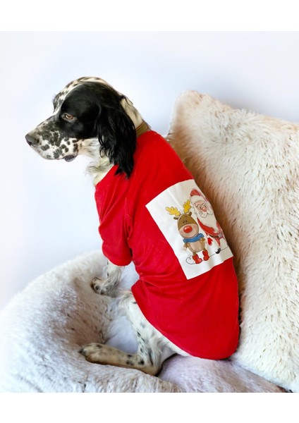 Santa And Friend Rudolph Orta ve Büyük Irk Köpek Tişörtü Yılbaşı Noel