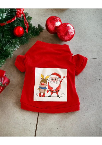 Santa And Friend Rudolph Orta ve Büyük Irk Köpek Tişörtü Yılbaşı Noel modelleri