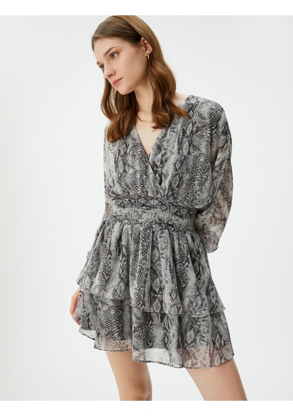 Şifon Elbise Volanlı Beli Gipeli Balon Kollu V Yaka