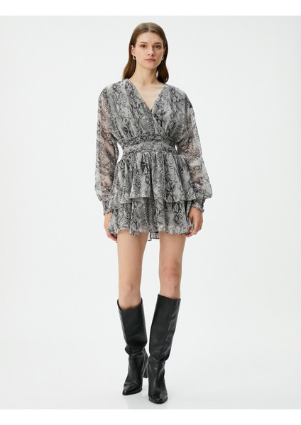 Şifon Elbise Volanlı Beli Gipeli Balon Kollu V Yaka modelleri