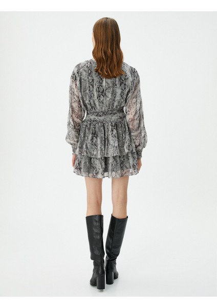 Şifon Elbise Volanlı Beli Gipeli Balon Kollu V Yaka fırsatları