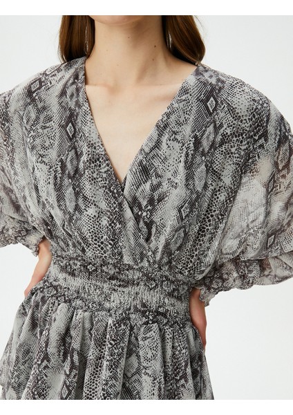 Şifon Elbise Volanlı Beli Gipeli Balon Kollu V Yaka indirimleri