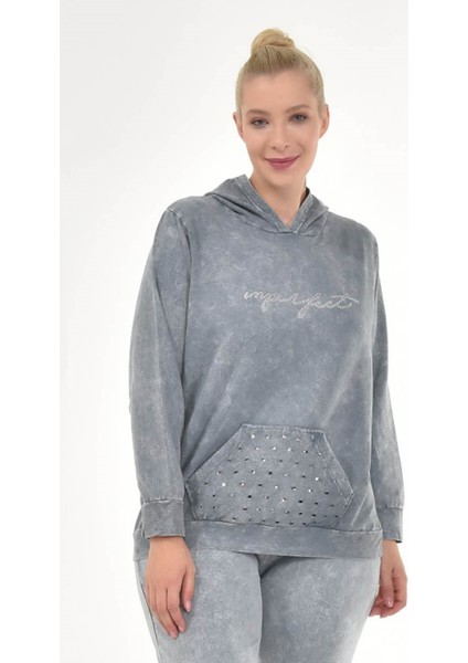 Kadın Büyük Beden İtalyan Yıkama Gri Kapşonlu Sweatshirt