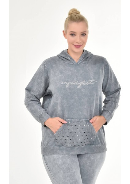 Kadın Büyük Beden İtalyan Yıkama Gri Kapşonlu Sweatshirt