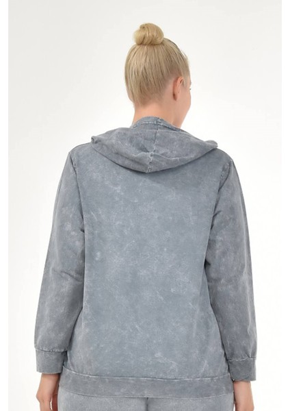 Kadın Büyük Beden İtalyan Yıkama Gri Kapşonlu Sweatshirt