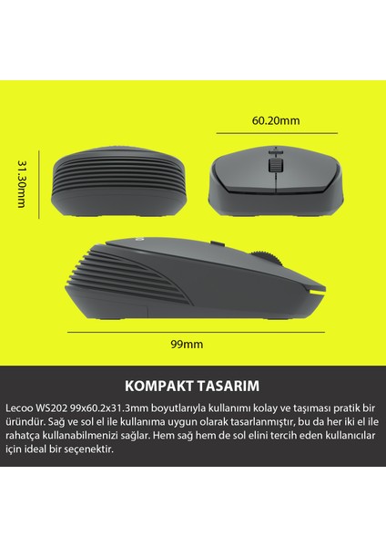 WS202 Kablosuz 1200DPI 4 Tuşlu Optik Mouse Gri