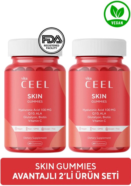 Vita Ceel 2'li Vegan Cilt Vitamini Çiğnenebilir Gummy, Hyaluronic Acid, Vitamin C, Glutatyon, Q10, Ala, Biotin