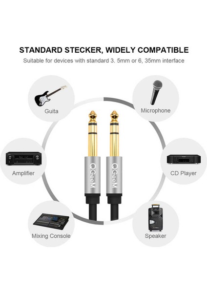 Gitar, Amfi ve Ses Sistemleri Için 6.35MM Jack Aux Audio Kablo (1.5metre Sabit Hifi Ses Iletimi)