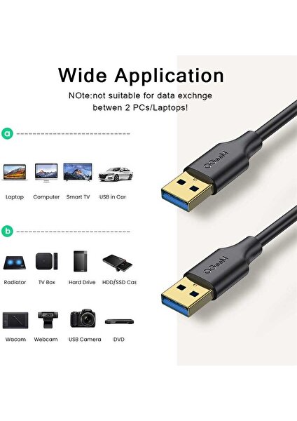 Laptop, Araba, Bilgisayar Için Uyumlu Iki Ucu USB Kablo Şarj Data Veri Aktarımı Kablosu (0.91METRE)