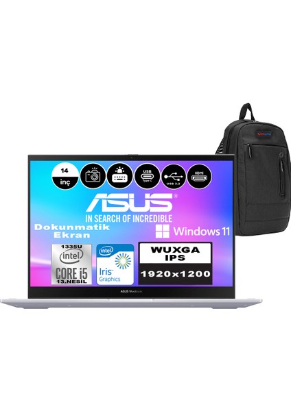 Vivobook S 14 Flip Intel Core I5-1335U 16GB Ram 512GB SSD 14 Inç Wuxga Dokunmatik Windows 11 Pro Taşınabilir Bilgisayar TP3402VA-LZ187WP01 + Weblegelsin Çanta