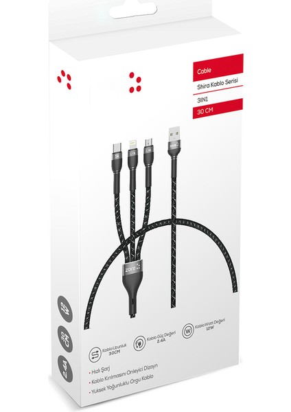 Tüm Telefon ve Tabletler Için Type-C, Lightning, Micro Usb, Data ve Hızlı Şarj Kablosu (30CM)