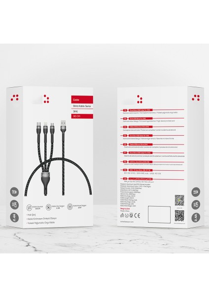 Tüm Telefon ve Tabletler Için Type-C, Lightning, Micro Usb, Data ve Hızlı Şarj Kablosu (30CM)