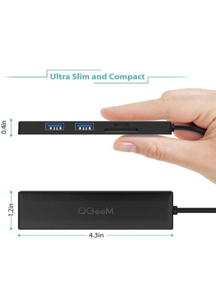 Küçük ve Güçlü USB Hub Çoklayıcı Dönüştürücü (3x USB 3.0, Sd Kart Desteği, 5 Gbps Hız, 80 cm Kablo)