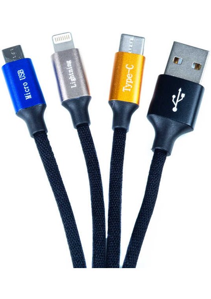 Anahtarlık Tasarımlı, Type-C, Micro, Lightning Hızlı Şarj ve Data Veri Aktarım 3 In 1 USB Kablo