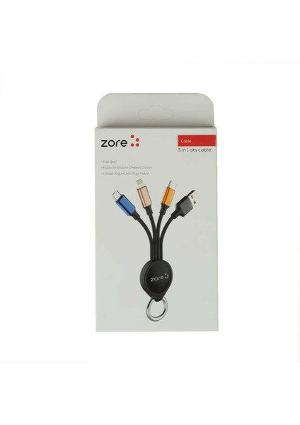 Anahtarlık Tasarımlı, Type-C, Micro, Lightning Hızlı Şarj ve Data Veri Aktarım 3 In 1 USB Kablo