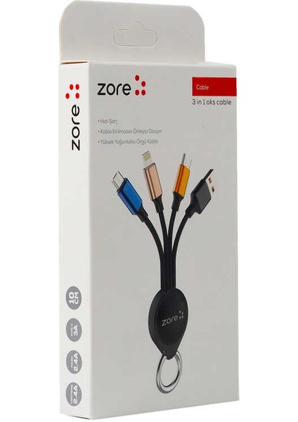 Anahtarlık Tasarımlı, Type-C, Micro, Lightning Hızlı Şarj ve Data Veri Aktarım 3 In 1 USB Kablo