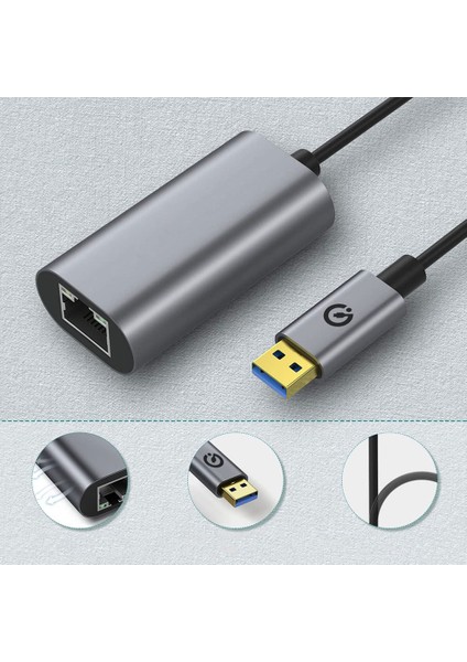 Bir Ucu Usb-A Diğer Ucu USB 3.0 Hızlı Internet Ethernet Dönüştürücü RJ45 Kablo (1000MBPS 22CM)