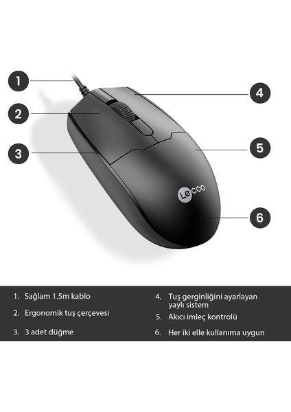 Lenovo Lecoo MS101 USB Kablolu 1200DPI 3 Tuşlu Optik Mouse Siyah